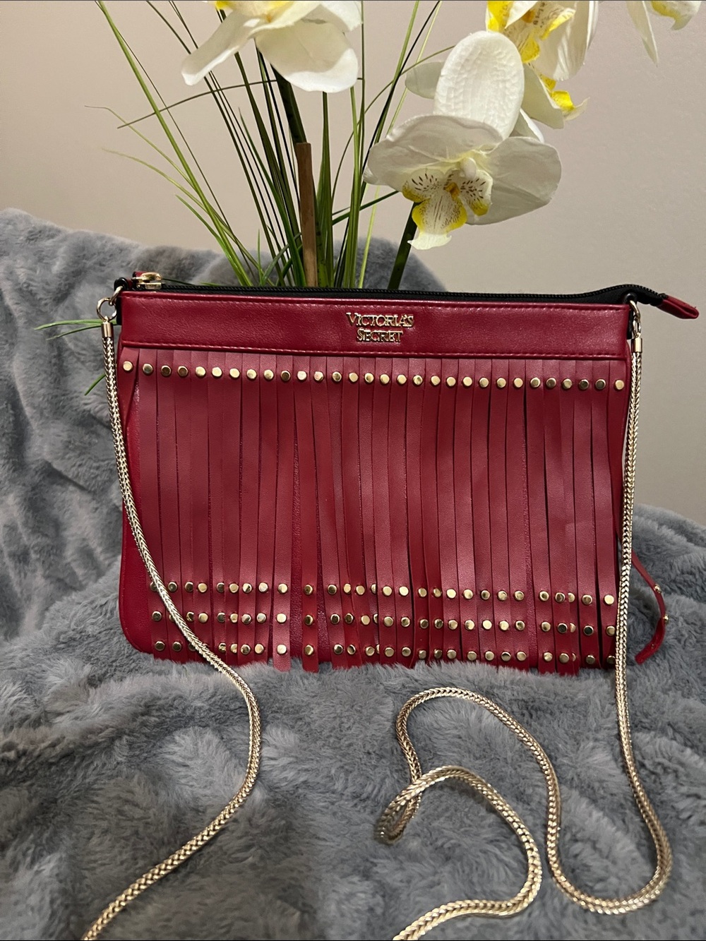 Victoria's Secret Burgundy Fringe Crossbody with Gold Chain NWOT